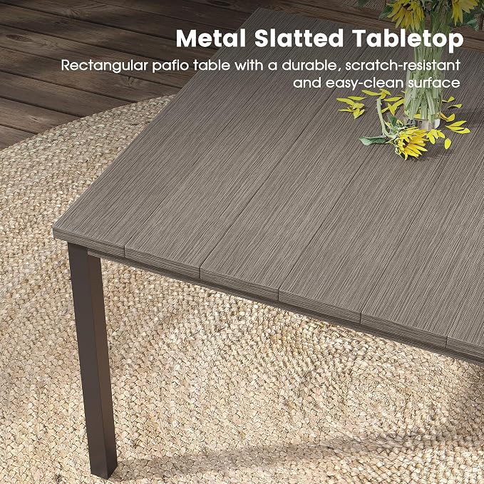 DIFY 7 Pieces Outdoor Patio Dining Set for 6, 63" Grey Wood-Like Rectangle Metal Dining Table and 6 Sandshell Stackable Sling Dining Chairs, Outdoor Table and Chairs for Lawn Garden Backyard Deck - Image 3