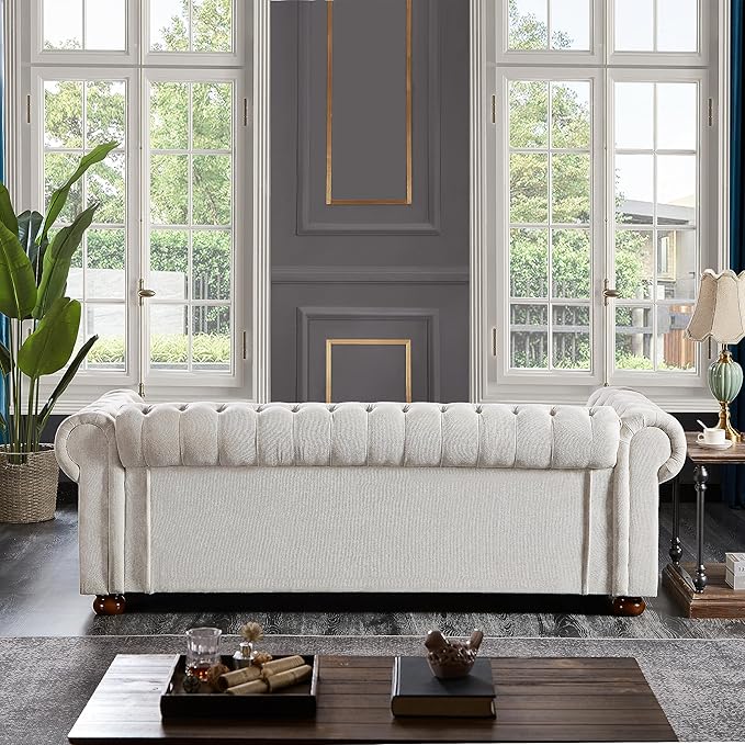 ERYE 88-Inch Classic 3 Seat Chesterfield Sofa Couches for Living Room Bedroom, 3 Seaters Button Tufted Linen Fabric Upholstered Chesterfield Sofa Couch,Wood Legs | Button Tufted, Easy to Assemble, Nailhead, Removable Cushion
