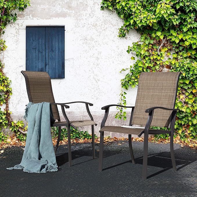 NUU GARDEN 4 Piece Outdoor Patio Dining Chairs, Textilene Dining Chairs with High Back, Patio Furniture Chairs with Armrest, Iron Frame for Lawn Garden Backyard Deck, Black and Brown - Image 2