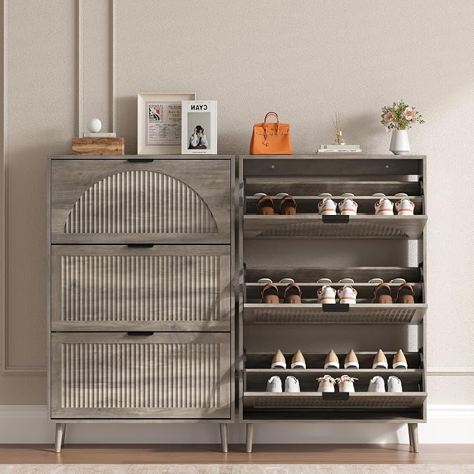 BORNOON Shoe Cabinet for Entryway with 3 Flip Drawers, Slim Wooden Shoe Storage Organizer with Modern Fluted Pannel，Freestanding Narrow Hidden Shoe Rack for Hallway, Foyer, Living Room - Image 4