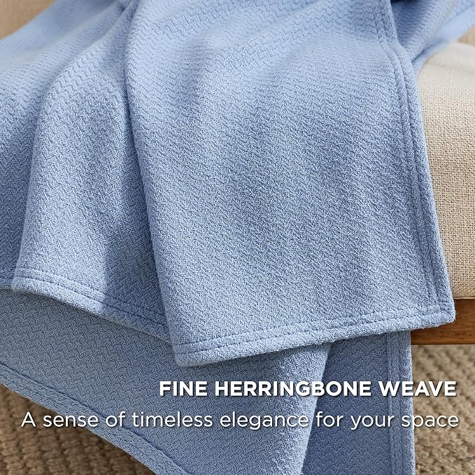 Bedsure GentleSoft 100% Cotton Blanket Full Size for Bed - Breathable and Lightweight, Soft Cozy Textured Herringbone Woven Blanket for Summer Spring, Ashley Blue, 80x90 inches