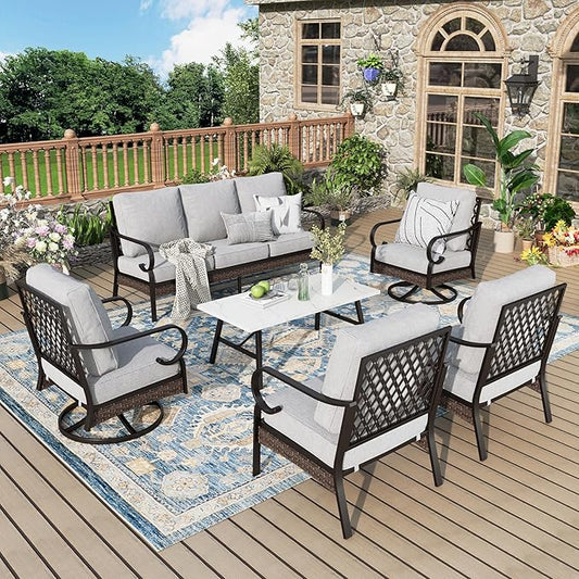 Patio Furniture Set with Coffee Table, Outdoor Conversation Set with 2 x Fixed Chairs, 2 x Swivel Chairs, 1 x 3-Seat Sofa for Lawn Garden Backyard, Light Grey