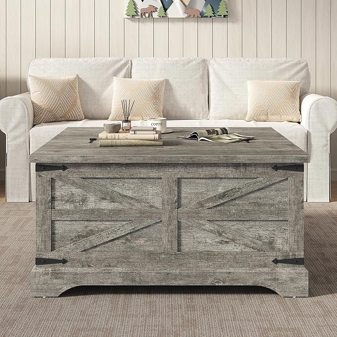 Furnideco 35.5''W Square Coffee Table Farmhouse Lift top Coffee Table with Large Hidden Storage, Wood Center Table for Living Room, Home Office, Rustic Grey