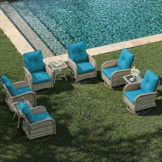 9-Piece Patio Rocking Swivel Chair Outdoor Wicker Rattan Bistro Set with Tempered Glass Side Table, Outdoor Patio Furniture Set for Garden, Deck, and Balcony, Turquoise