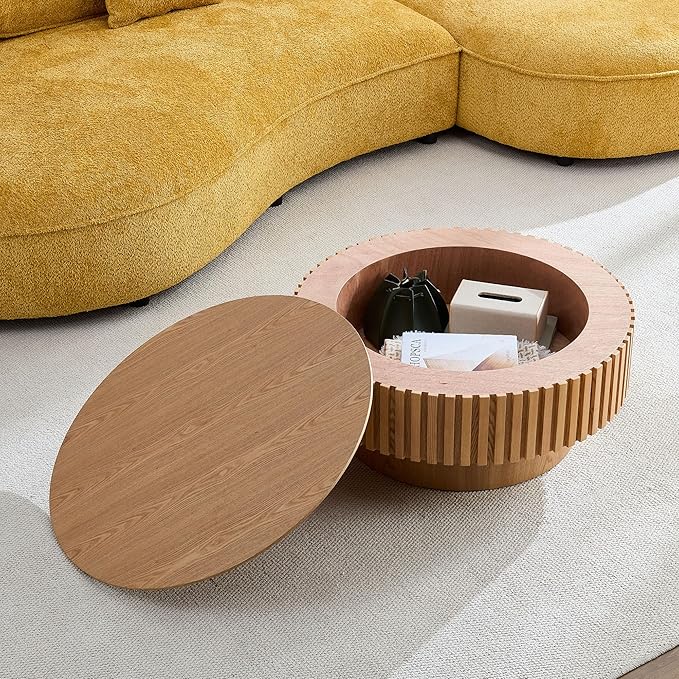 WILLIAMSPACE 31.49" Round Coffee Table with Storage for Living Room, Modern Circle Center Table with Solid Wood Veneered & Sturdy Pedestal, Accent End Tea Table for Apartment - Oak