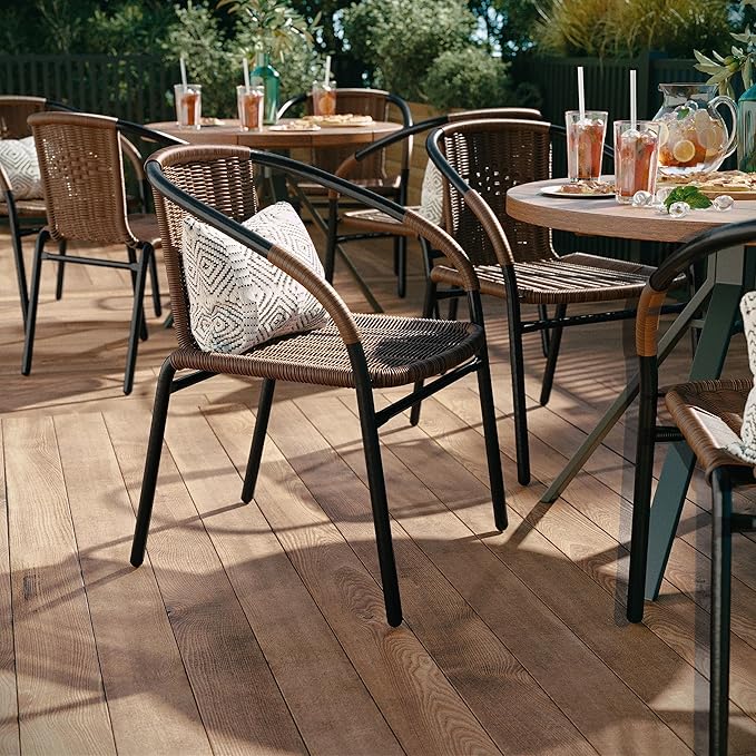 Flash Furniture Lila Modern Rattan Indoor/Outdoor Stackable Dining Chairs, Stacking Rattan Bistro Chairs for Patio or Restaurant, Set of 4, Brown - Image 6