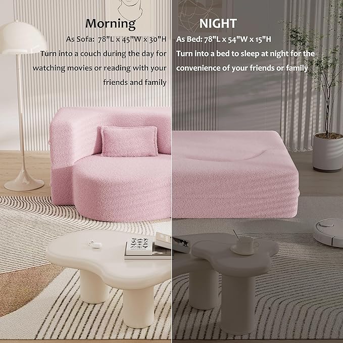 Ball & Cast 78" Sleeper Sofa Bed with 2 Pillows, Convertible Teddy Fabric Foam-Filled Could Couch, Modern Floor Sofa for Living Room,Guest Bed,Playroom,No Assembly Required,Pink