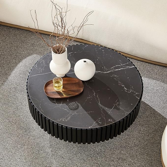 35.43'' Round Coffee Table with Faux Marble Tabletop, Modern Drum Center Coffee Tables Luxury Circle Coffee Table for Bedroom,Apartment,Living Room-Black