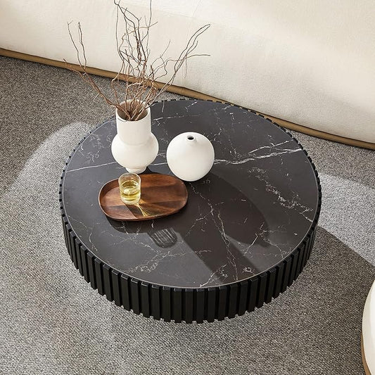 35.43'' Round Coffee Table with Faux Marble Tabletop, Modern Drum Center Coffee Tables Luxury Circle Coffee Table for Bedroom,Apartment,Living Room-Black