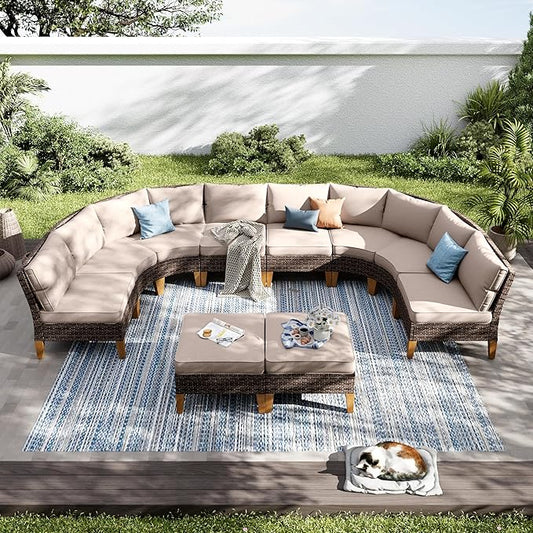 PHI VILLA 8-Piece Half-Moon Patio Furniture Set, Outdoor Wicker Sectional Sofa with Thick Beige Cushions, 2 Ottomans, Large Curved Conversation Seating for Garden or Backyard