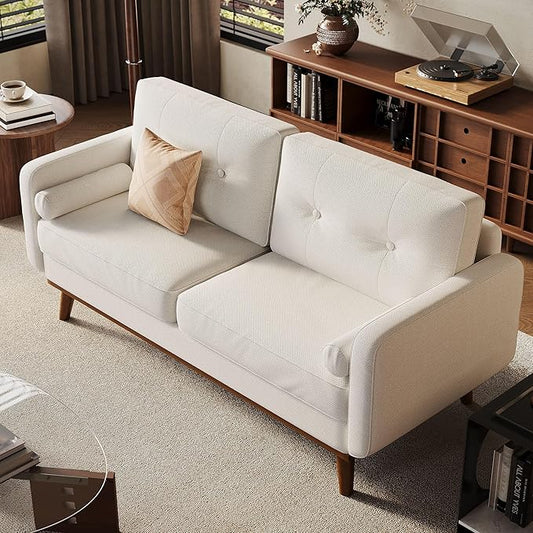 Garvee 65 in Mid Century Modern Loveseat Sofa for Small Spaces, 2 Seater Linen Upholstered Couch with Button Tufted Design & Wood Legs, Small Couch for Living Room, Bedroom, Office, Apartment, Beige