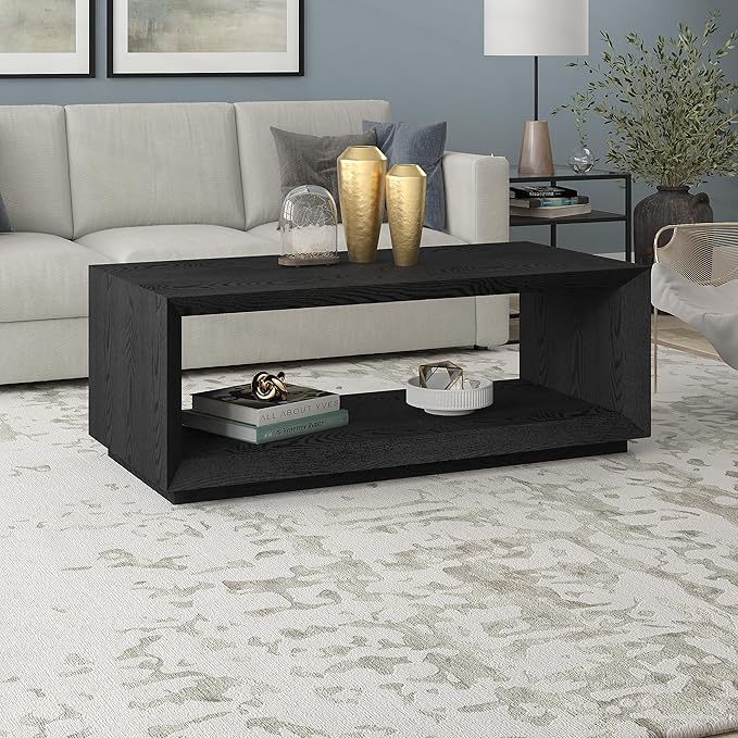 Henn&Hart 48" Rectangular Coffee Table with Open Storage Shelf for Living Room, Family Room, or Office, Natural Black