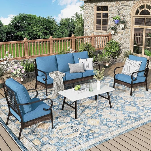 Patio Furniture Set with Coffee Table, Outdoor Conversation Set with 2 x Fixed Chairs, 1 x 3-Seat Sofa for Lawn Garden Backyard, Navy Blue