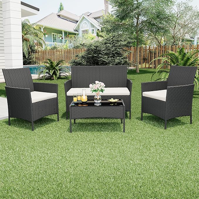 GarveeLife 4 Pieces Patio Furniture Set, Rattan Outdoor Furniture with Upholstered Sofa, 2 Chairs and Coffee Table, Conversation Bistro Set for Garden, Backyard, Porch, Black and Beige