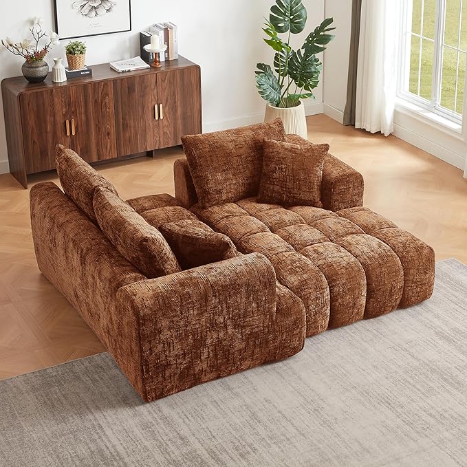 Tufted Chenille Cloud Modular Sectional Sofa,Oversized 2-Piece Right Facing Boneless Couch with Chaise Lounge, L-Shape Floor Lounge Sofa with 2 Throw Pillows for Living Room, No Assembly Required