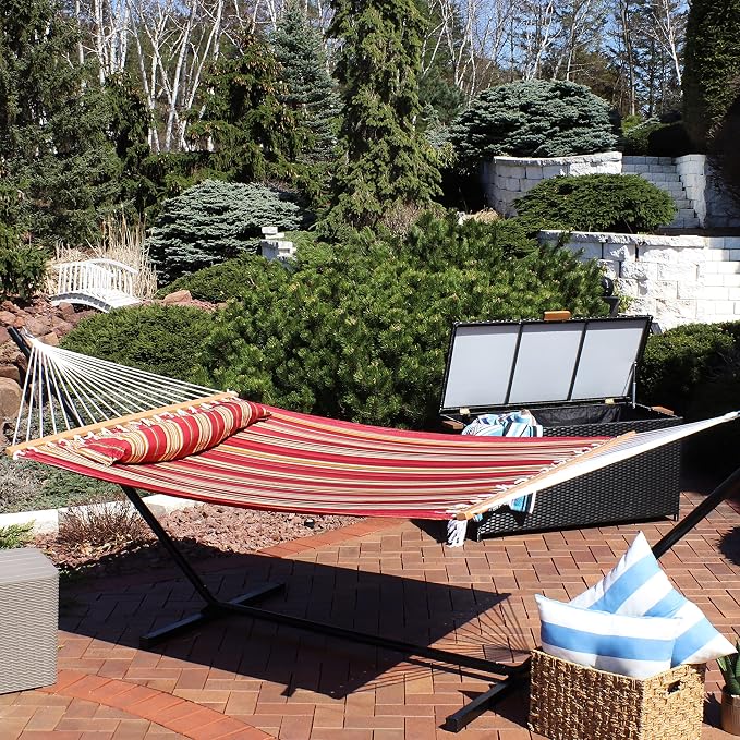 Sunnydaze Quilted Double Hammock for Outside with Spreader Bars and Pillow - 450 lb Capacity, 74x55 Inch Bed, UV Resistant, Quick Dry - Chains Included, Stand Sold Separately - Red Stripe - Image 8