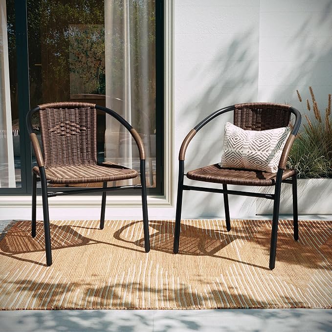 Flash Furniture Lila Modern Rattan Indoor/Outdoor Stackable Dining Chairs, Stacking Rattan Bistro Chairs for Patio or Restaurant, Set of 4, Brown - Image 7