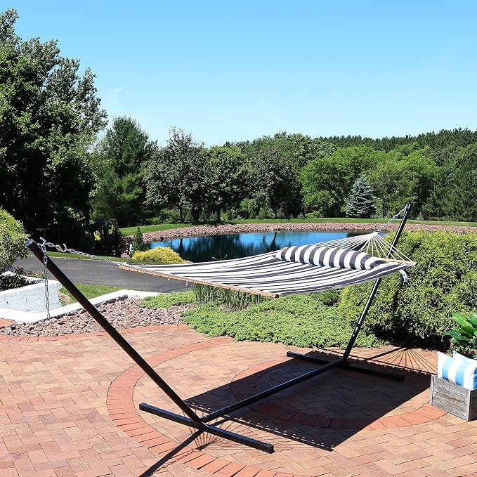 Sunnydaze Quilted Double Hammock for Outside with Spreader Bars and Pillow - 450 lb Capacity, 74x55 Inch Bed, UV Resistant, Quick Dry - Chains Included, Stand Sold Separately - Black & White - Image 2