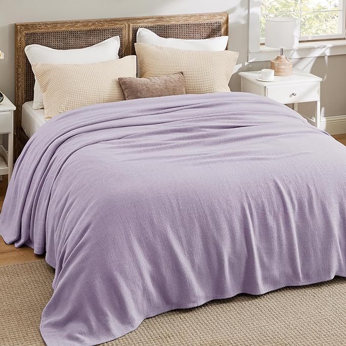 Bedsure GentleSoft 100% Cotton Blanket Queen Size for Bed - Breathable and Lightweight, Soft Cozy Textured Herringbone Woven Blanket for Summer, Light Purple, 90x90 inches