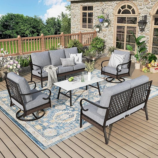 Patio Furniture Set with Coffee Table, Outdoor Conversation Set with 2 x Swivel Chairs, 1 x 2-Seat Sofa, 1 x 3-Seat Sofa for Lawn Garden Backyard, Grey