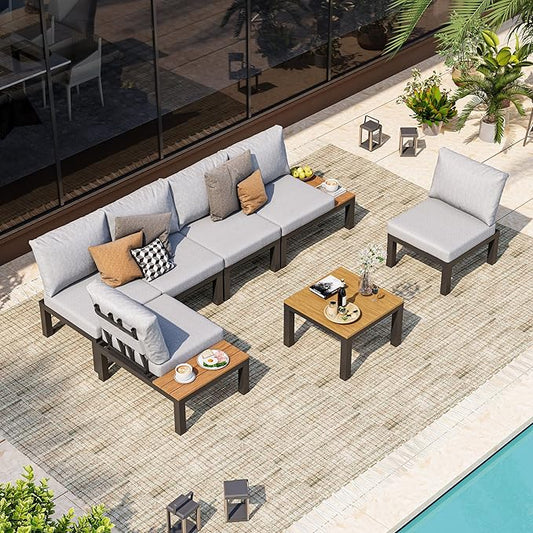 Aluminum Modular Outdoor Patio Furniture Set, 6 Seats Patio Sectional Sofa Set with Adjustable Backrest & Thick Cushions, All-Weather Conversation Sets with Table for Garden & Yard, Gray
