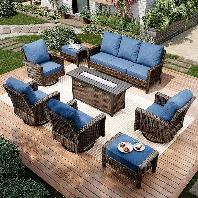 8-Piece Wicker Patio Furniture Set with Swivel Chairs, High Back Outdoor Furniture with 57'' Fire Pit Table, All-Weather Wicker Patio Conversation Set for Deck Yard Pool, Navy Blue