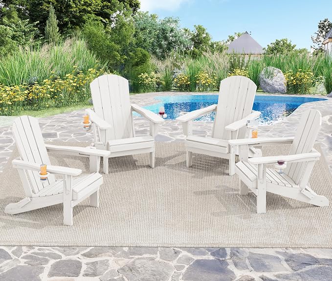 SERWALL Adirondack Chair with Cup Holders - Composite Adirondack Chairs Set of 4 HDPE Outdoor Chairs All Weather Use- White by SERWALL