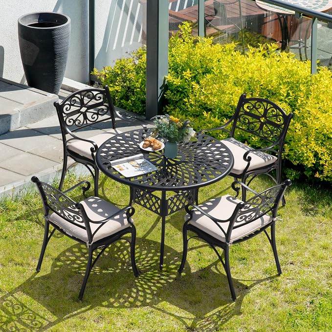 NUU GARDEN 5 Piece Cast Aluminum Outdoor Patio Dining Set, Round Patio Dining Table with 2.24" Umbrella Hole and 4 Patio Dining Chairs with Cushions for Garden, Balcony, Bronze and Beige - Image 3