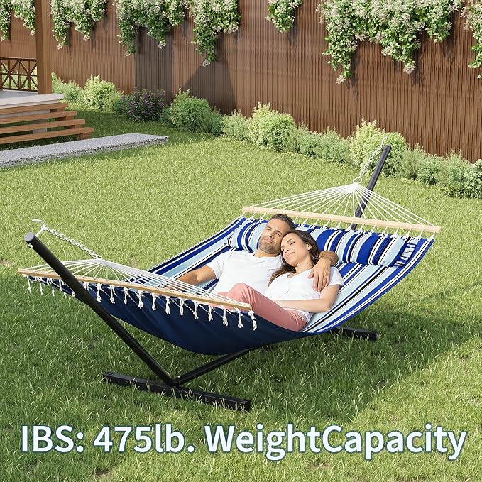 Double Hammock with Stand for 2 Person, Outdoor Freestanding Hammock Bed with 475lb Capacity - Heavy Duty Steel Frame, Quilted Pillow & Portable Carry Bag, Easy Assembly, Blue - Image 6