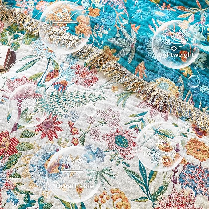 LUTBM Boho Throw Blanket for Couch Sofa Chair Cotton Spring Blankets for Bedroom Living Room All Season Lightweight Reversible Floral Embroidery Throws 50"x60"