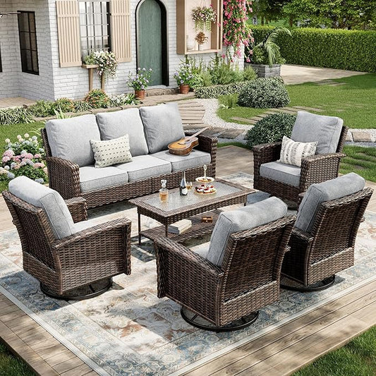 6-Piece Wicker Patio Furniture Set with Swivel Chairs, High Back Outdoor Sofa with 5.5-inch Thick Cushion, All-Weather Wicker Patio Conversation Set for Deck Yard Pool, Grey