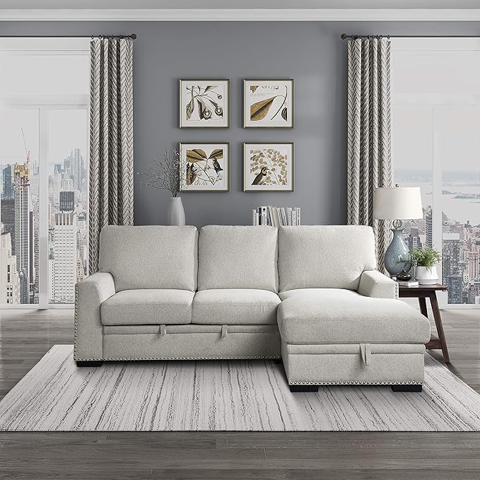 Lexicon Mid Century Modern Sectional Sleeper Sofa Bed Couch with Storage Chaise, Sectional Sofa Pull Out Couch Bed, Sectional Couch Lounge Sofa for Living Room Apartment, Right Side Chaise, Beige