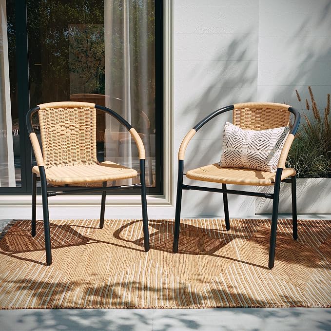 EMMA + OLIVER Set of 4 Modern Rattan Indoor/Outdoor Stack Chairs, Stacking Rattan Patio Chairs with Curved Back and Cross Bracing, Beige - Image 6