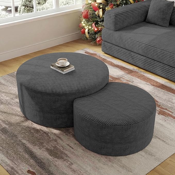 Nesting Coffee Table Set of 2, Round Corduroy Modular Sectional Sofa Stool Circle Foam Side Table for Living Room, Entryway and Small Spaces No Assembly (Dark Gray, 32"+17")