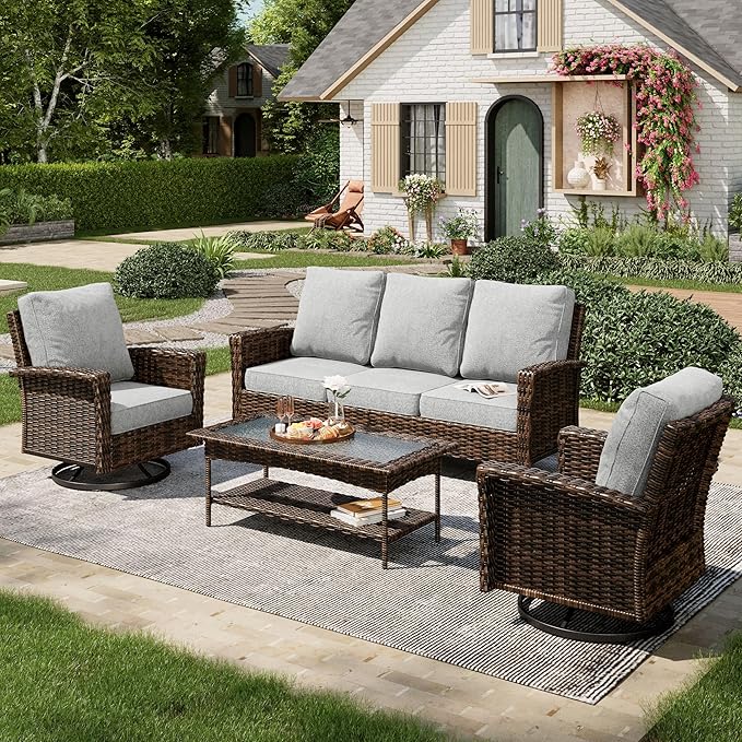 4-Piece Wicker Patio Furniture Set with Swivel Chairs, High Back Outdoor Sofa with 5.5-inch Thick Cushion, All-Weather Wicker Patio Conversation Set for Deck Yard Pool, Grey