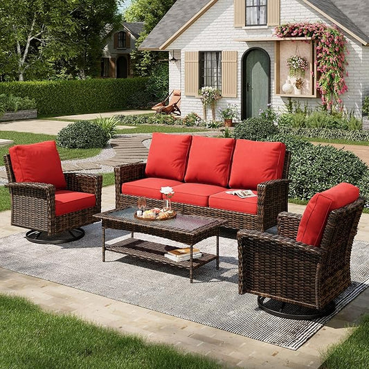 4-Piece Wicker Patio Furniture Set with Swivel Chairs, High Back Outdoor Sofa with 5.5-inch Thick Cushion, All-Weather Wicker Patio Conversation Set for Deck Yard Pool, Red