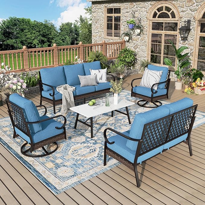 Patio Furniture Set with Coffee Table, Outdoor Conversation Set with 2 x Swivel Chairs, 1 x 2-Seat Sofa, 1 x 3-Seat Sofa for Lawn Garden Backyard, Navy Blue