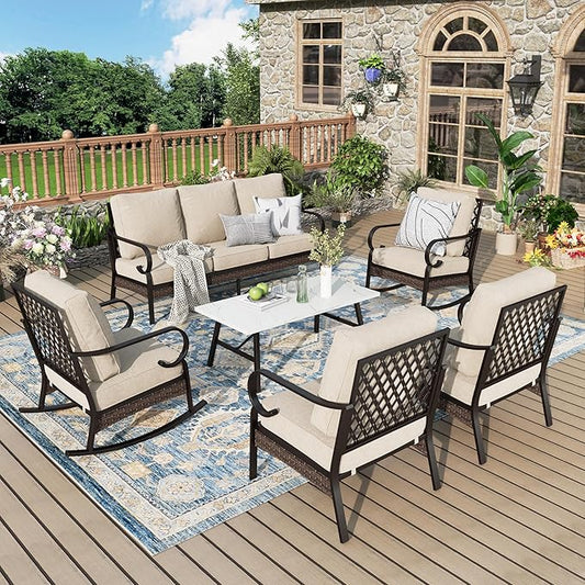 Patio Furniture Set with Coffee Table, Outdoor Conversation Set with 2 x Fixed Chairs, 2 x Rocking Chairs, 1 x 3-Seat Sofa for Lawn Garden Backyard, Beige