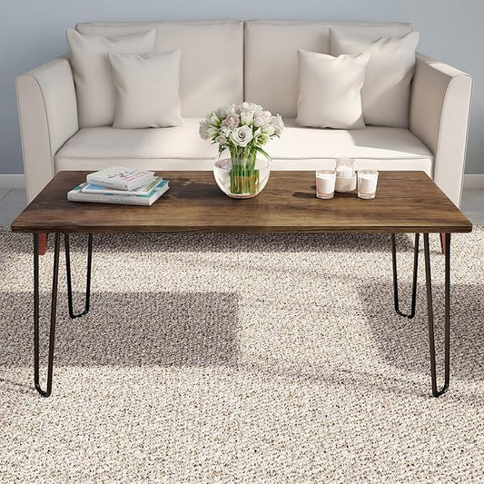 Lavish Home Small Space Coffee Table with Hairpin Legs – Minimalist Industrial Living Room Table with Woodgrain-Look Top and Steel Legs (Brown)