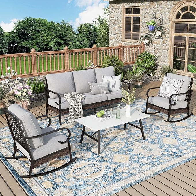 Patio Furniture Set with Coffee Table, Outdoor Conversation Set with 2 x Rocking Chairs, 1 x 3-Seat Sofa for Lawn Garden Backyard, Light Grey