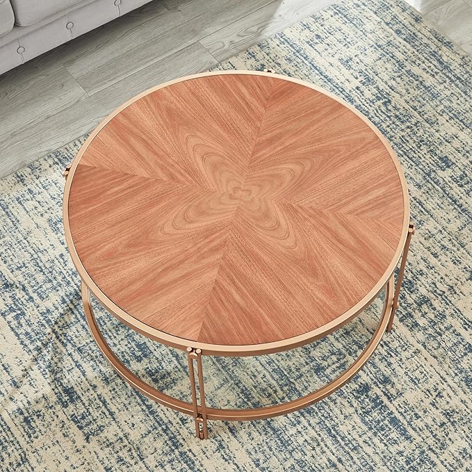 32" Round Wood Coffee Table with Glass Bottom, Circle Coffee Table with Wood Top ＆ Metal Frame, Small Center Table for Living Room, Apartment (32" Dx32 Wx18 H, Gold)