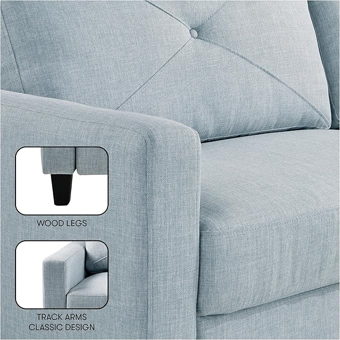 Serta® Lindbergh 70.5" Modern Transitional Sofa, Tufted Back Cushion, Square Track Arms, Solid Wood Legs, Dream Coil® Comfort, Woven Polyester Fabric, Light Gray