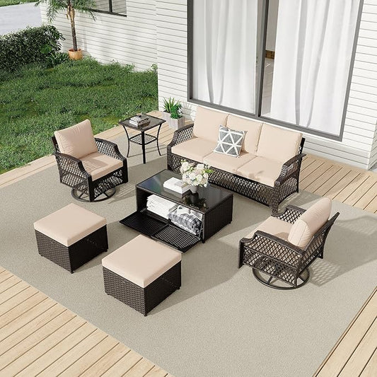 HOMREST 7 Piece Patio Furniture Set, Wicker Outdoor Conversation Set with Swivel Chairs, 2 Ottomans, Storage Coffee Table, Rattan Outdoor Sectional Sofa for Deck Backyard Porch （7 Seats, Khaki