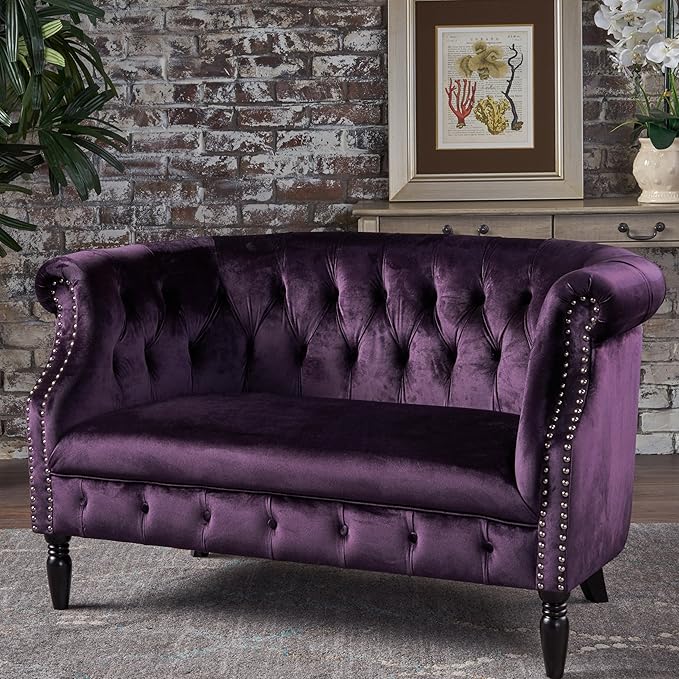 Christopher Knight Home GDFStudio Melaina Tufted Chesterfield Velvet Loveseat with Scrolled Arms, BlackBerry and Dark Brown