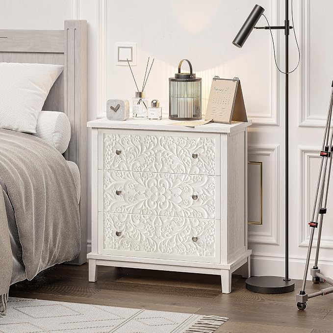COZAYH 3-Drawer Fully-Assembled Flower Motif Dresser, Set of 2 Nightstand for French Country, Farmhouse, Modern, Rustic Style, Distressed Finish, White-Washed - Image 5