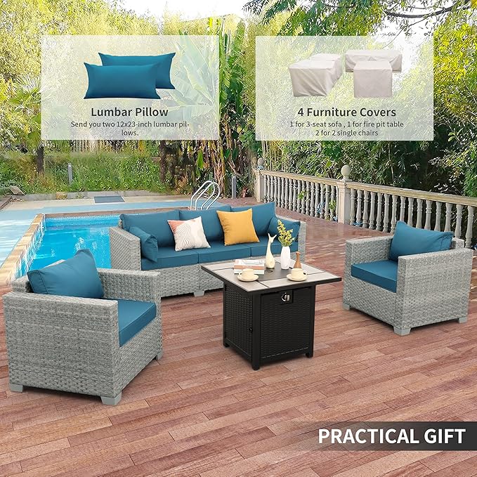 WAROOM Patio Furniture Set 4 Piece Outdoor Wicker Conversation Sets PE Rattan Couch Sectional Sofa with 30" Fire Pit Table, Peacock Blue Cushion