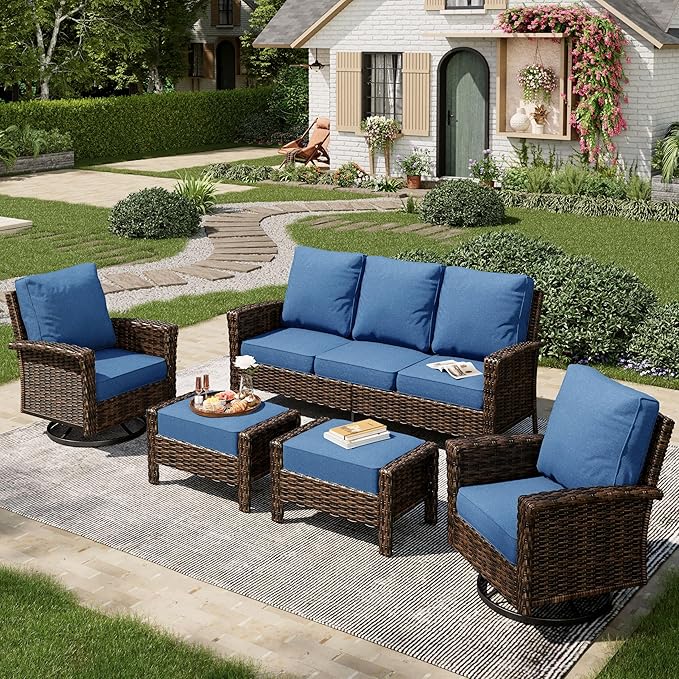 5-Piece Wicker Patio Furniture Set with Swivel Chairs, High Back Outdoor Furniture with 5.5-inch Thick Cushion and Ottoman, All-Weather Wicker Patio Conversation Set for Deck Lawn, Navy Blue