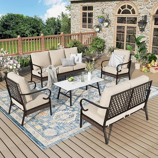 Patio Furniture Set with Coffee Table, Outdoor Conversation Set with 2 x Fixed Chairs, 1 x 2-Seat Sofa, 1 x 3-Seat Sofa for Lawn Garden Backyard, Beige