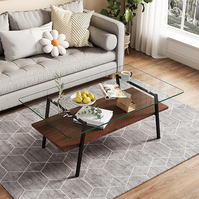 IANIYA Glass Coffee Table for Living Room Small Gold Mid Century Coffee Table for Living Room with Wood Shelves (Black Frame, Transparent Glass + Brown Wood)