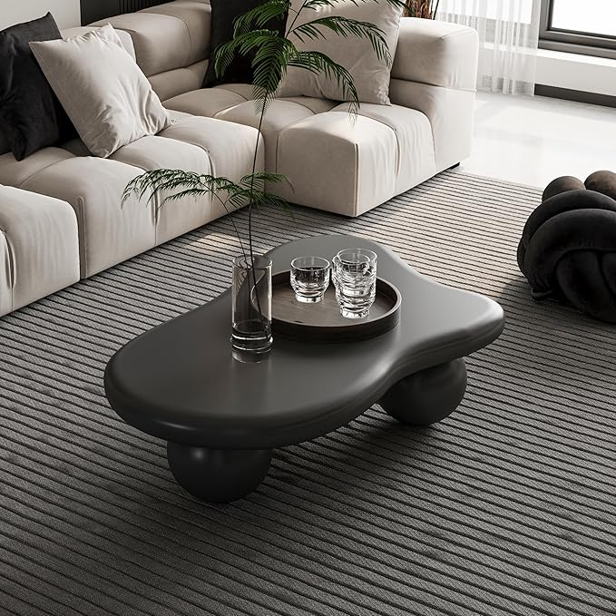 40” Cloud Coffee Table with 3 Ball Legs, Modern Irregular Center Table for Living Room, Low Cute Small MDF Tea Table for Bedroom, Space Apartment-Black